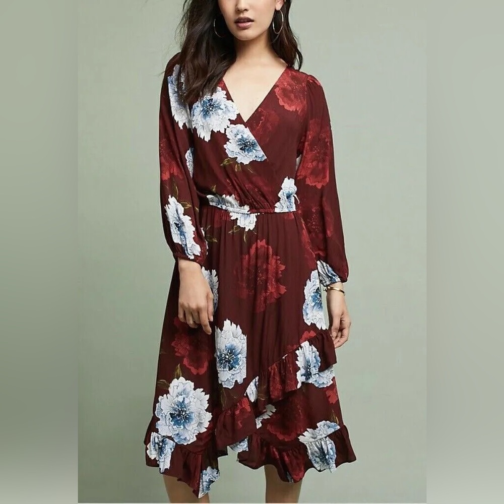 Plenty Tracy Reese Anthropologie Aleah Maroon Floral Ruffle Wrap Dress